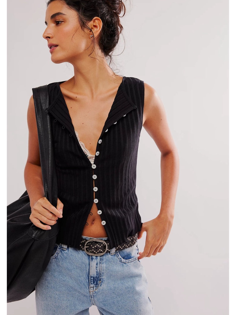 Free People Black Ribbed Button-Front Tank - Picture 4 of 15